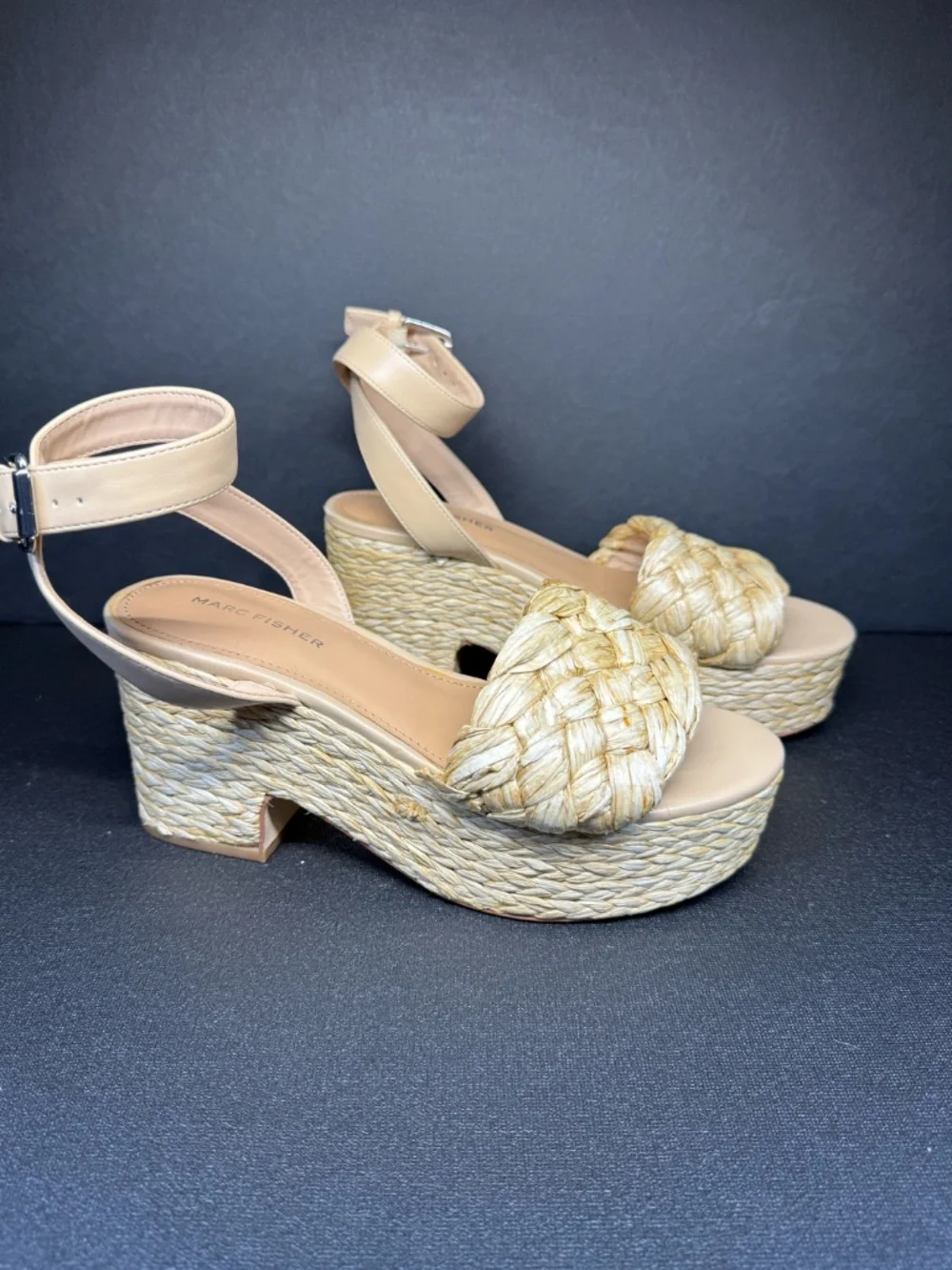 Marc Fisher Mesteel Raffia Platform Block Heel Sandals Beige Natural Size 7.5M